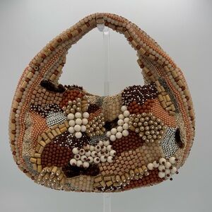 Made in India Artisan Beaded Hobo Bag - Earthy Tones - Brown, Tan, Cream, Khaki